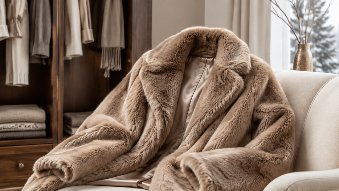 Plush faux fur coat displayed in a refined winter wardrobe setting