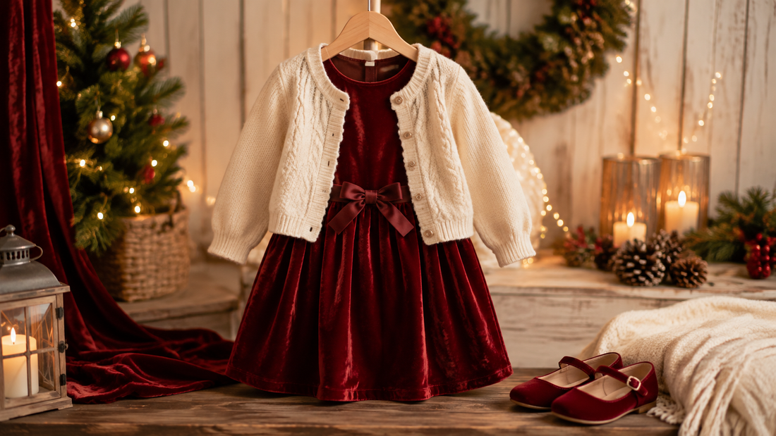 Girls Christmas dress displayed with cardigan and comfortable shoes