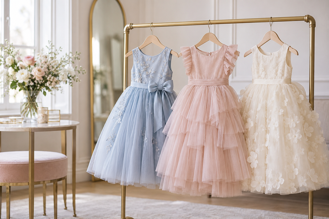 Blue blush and cream girls party dresses displayed on hangers in a bright studio