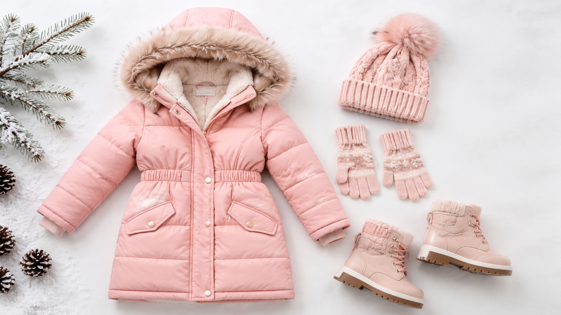 Girls winter coat arranged with boots hat and gloves