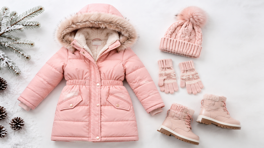 Girls winter coat arranged with boots hat and gloves