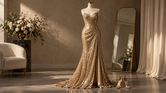 Editorial view illustrating gold sequin dress in a clean, realistic setting with no text or branding
