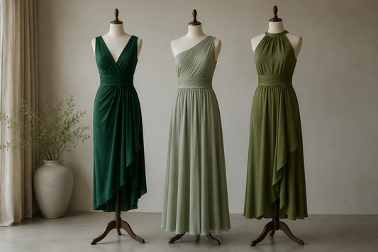 Green dresses in emerald sage and olive silhouettes