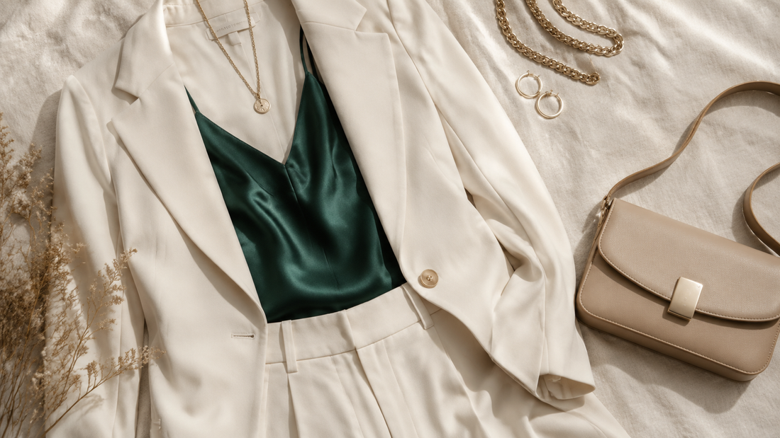Emerald satin camisole styled beneath a cream blazer with tailored accessories