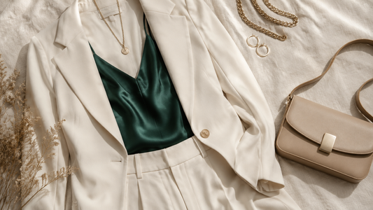 Emerald satin camisole styled beneath a cream blazer with tailored accessories