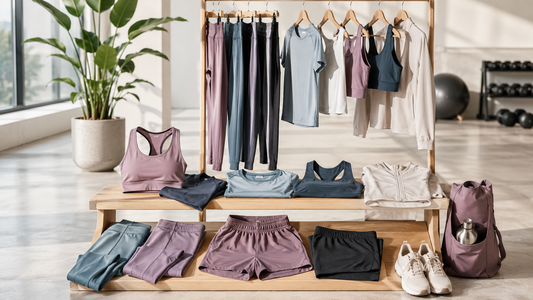Coordinated gym clothes arranged in a bright training studio