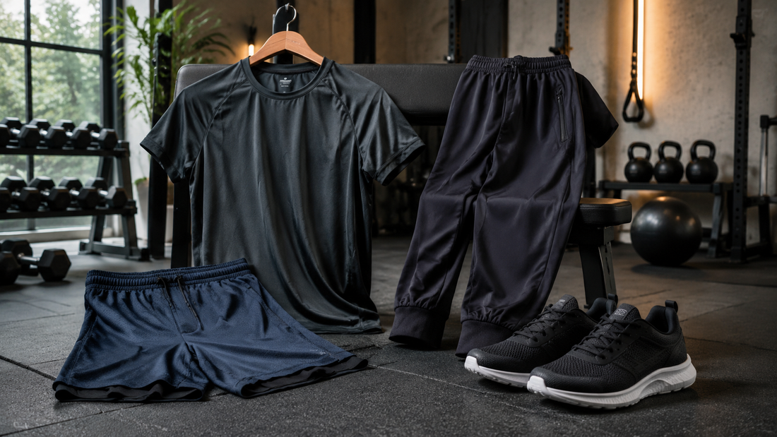 Men's gym clothes and training shoes arranged in a modern fitness studio