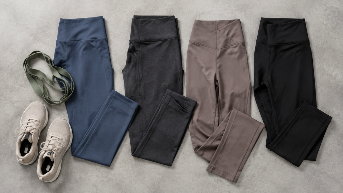 Gym leggings in neutral colors with training accessories