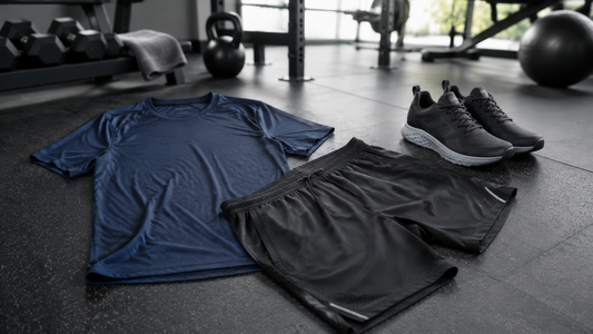 Men's technical gym shorts arranged with a shirt and training shoes