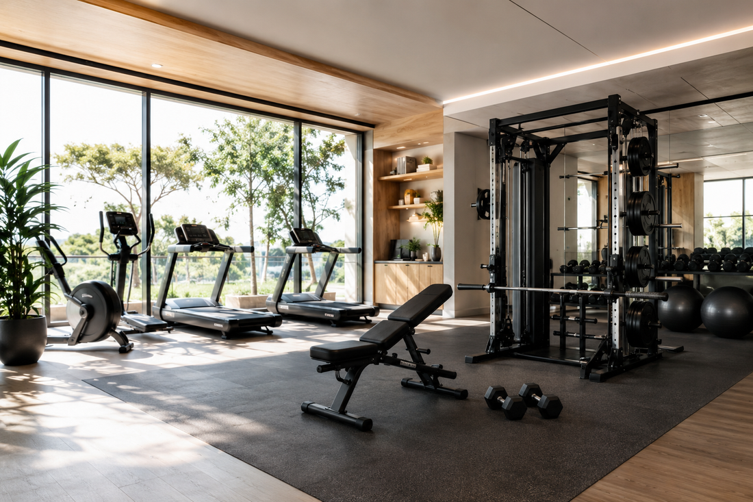 Bright modern gym with cardio and strength training equipment