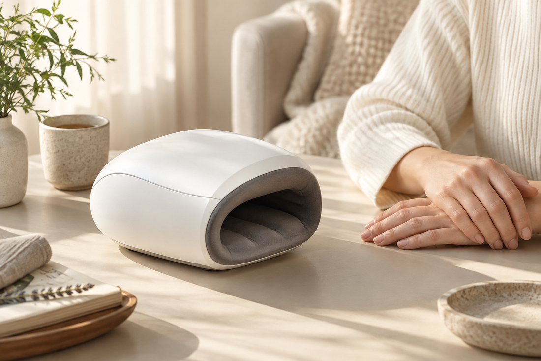 Modern hand massager beside relaxed hands on a warm neutral table
