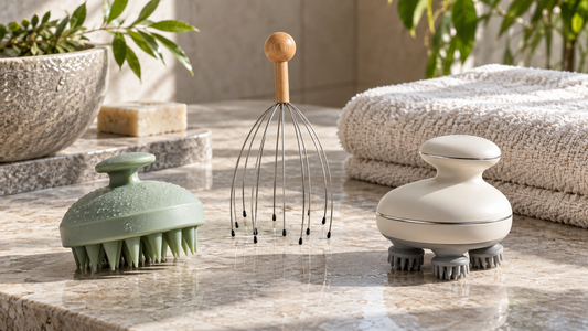Editorial view illustrating head massager in a clean, realistic setting with no text or branding