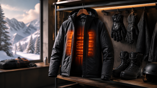 Modern heated winter jacket with cold-weather accessories