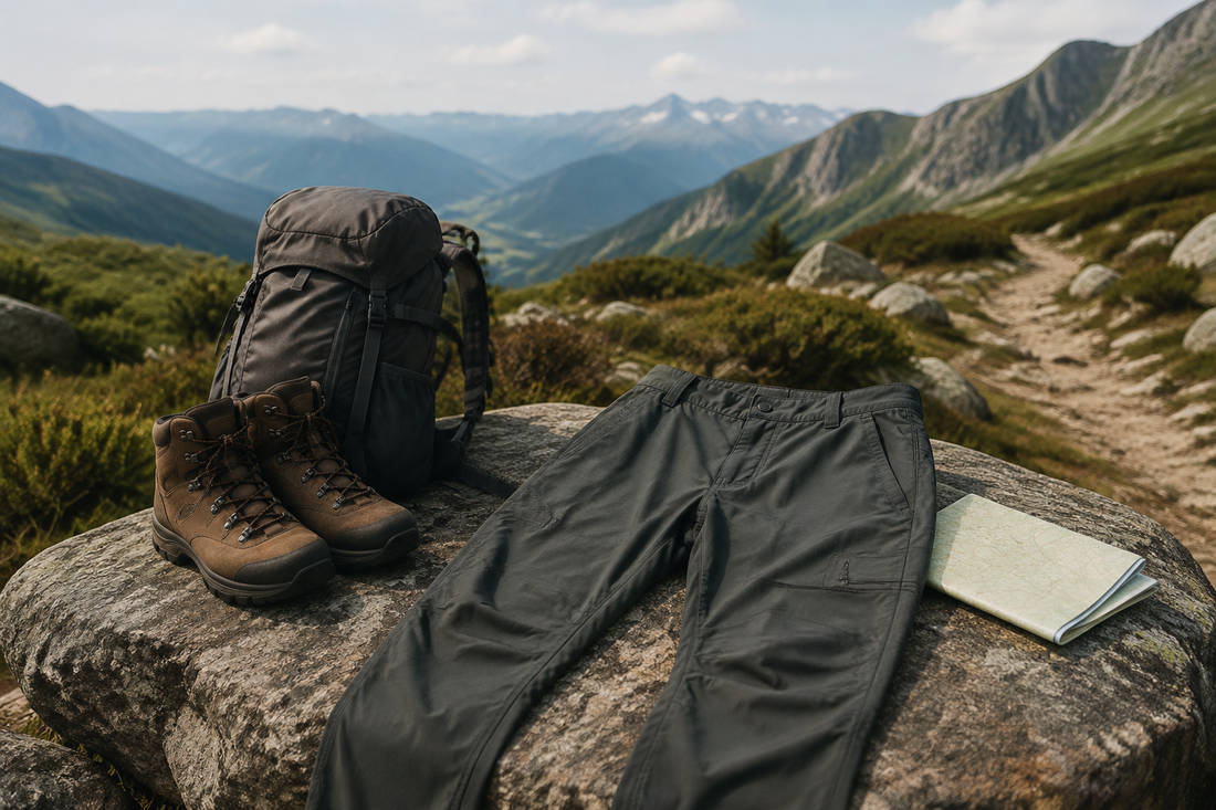 Technical hiking pants with boots and backpack on a mountain trail