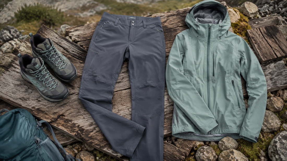 Women's technical hiking pants arranged with trail boots and outdoor gear