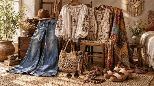 Editorial view illustrating hippie clothes in a clean, realistic setting with no text or branding