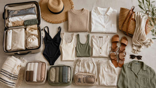 Versatile holiday clothes and travel accessories arranged for packing