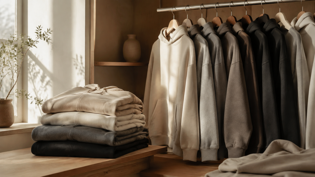Neutral hoodies arranged in a minimalist sunlit wardrobe