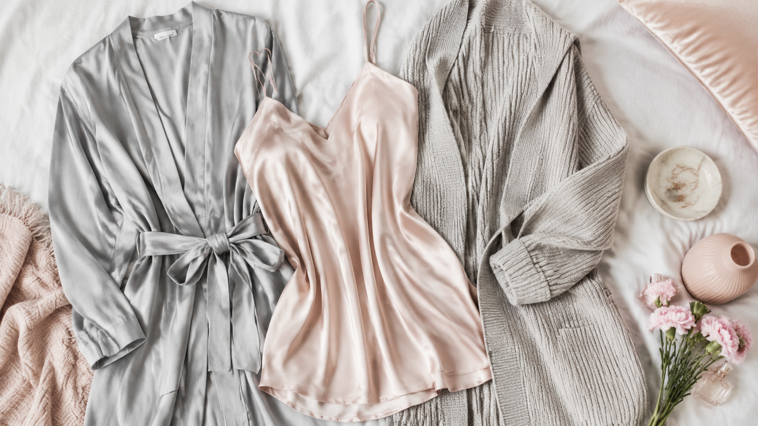 Soft-grey and blush camisole robe and cardigan arranged with accessories