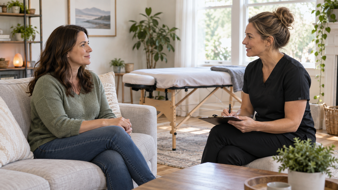 Professional consultation for an in-home massage service with no text or branding