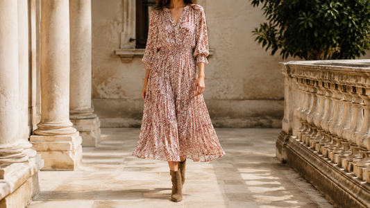 Woman wearing a romantic floral bohemian midi dress with ankle boots in a sunlit stone courtyard