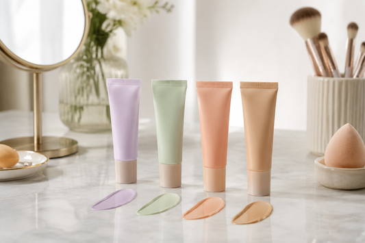 Unbranded color-correcting cream tubes with natural shade swatches