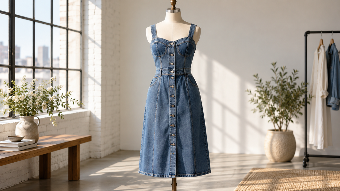 Editorial view of a structured jean dress in a sunlit fashion studio