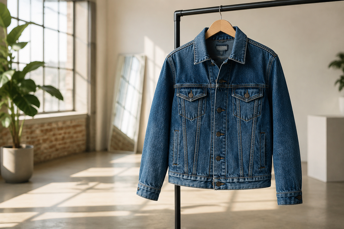 Classic blue jean jacket in a sunlit fashion studio