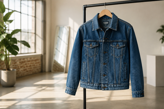 Classic blue jean jacket in a sunlit fashion studio