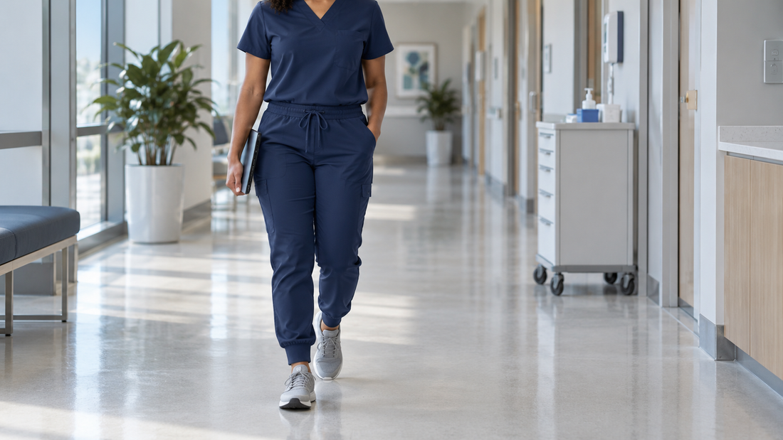 Editorial view illustrating jogger scrubs in a clean, realistic setting with no text or branding