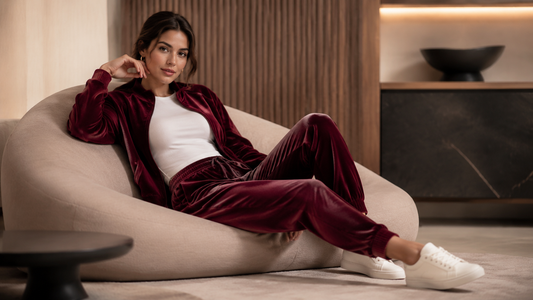 Woman wearing burgundy velour joggers with a matching jacket and white top