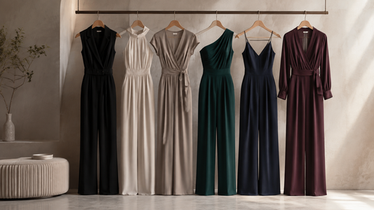 Elegant tailored and evening jumpsuits on hangers