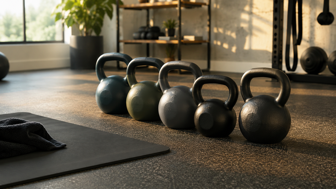 Kettlebells in several weights on a clean home gym floor