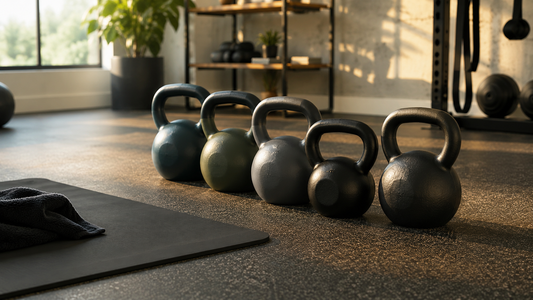 Kettlebells in several weights on a clean home gym floor