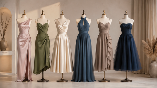 Ladies dresses in varied silhouettes displayed in a refined studio