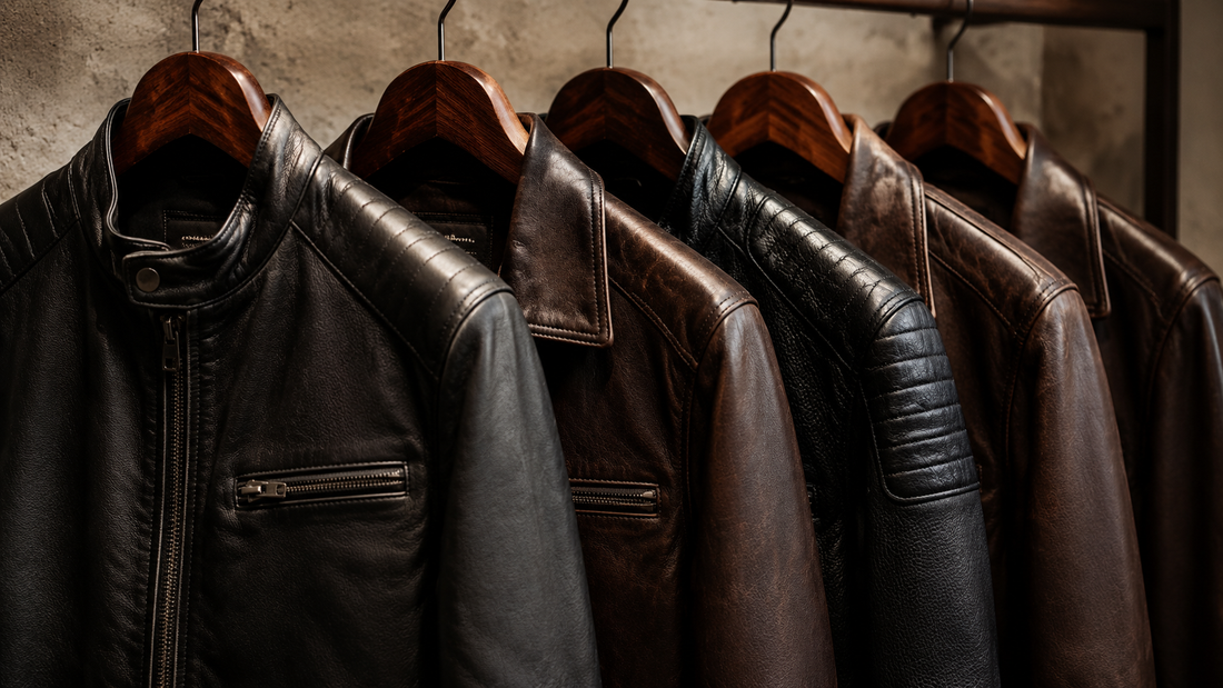 Black and brown leather jackets on wooden hangers
