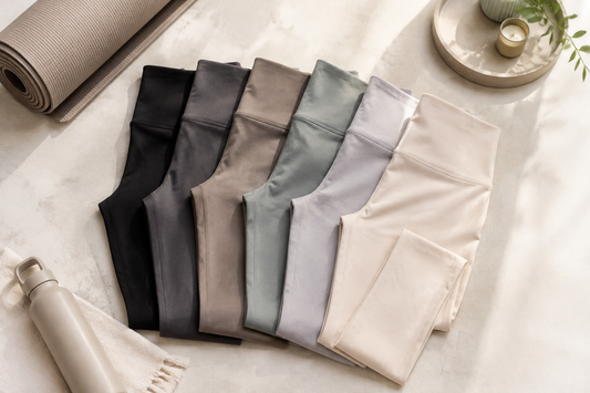 Women's leggings in neutral colors arranged with activewear accessories