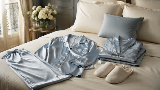 Pale blue satin pajama set arranged on a cream bed with a folded robe and soft slippers