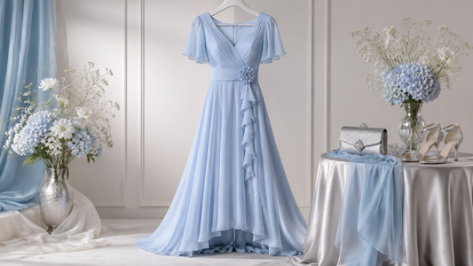 Light blue elegant dress displayed with silver accessories and floral accents