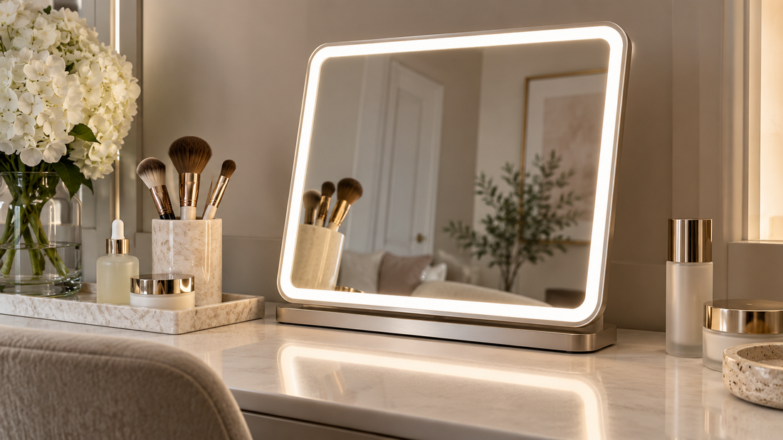 Editorial view illustrating lighted makeup mirror in a clean, realistic setting with no text or branding