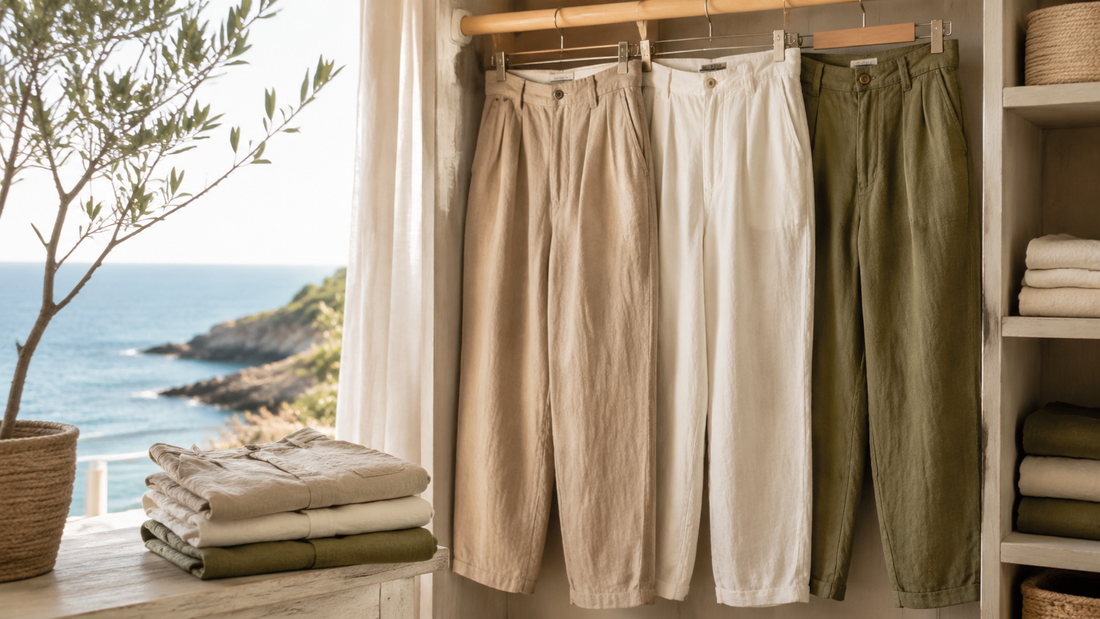 Breathable linen pants in sand, ivory and olive