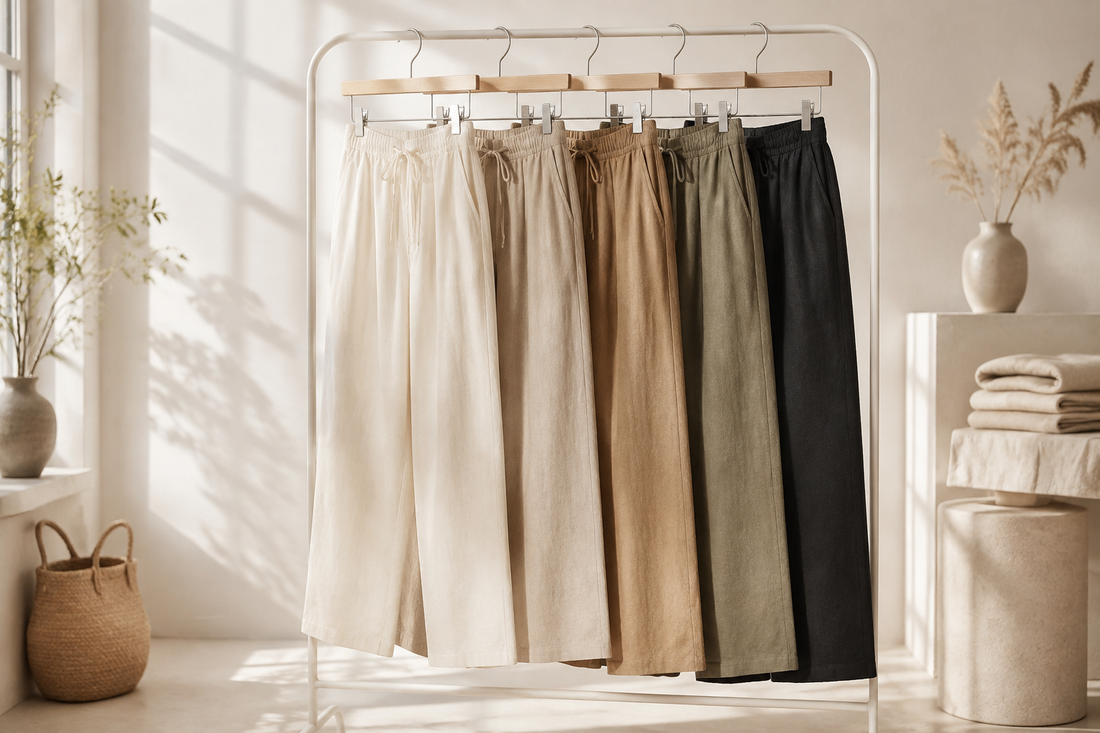 Women's linen pants in neutral colors in a bright fashion studio