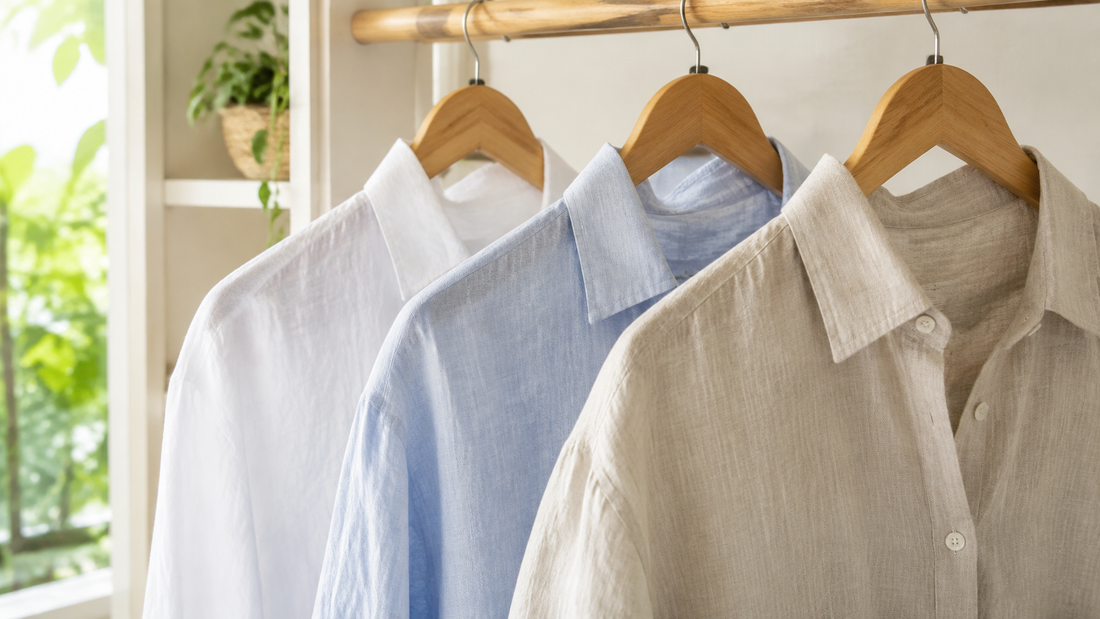 Linen shirts in white pale blue and natural beige