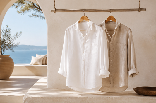 Men's linen shirt in a sunlit Mediterranean-inspired room