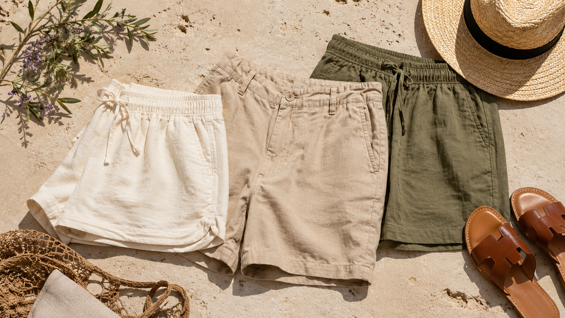 Breathable linen shorts in ivory sand and olive
