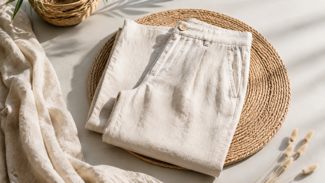Neutral linen trousers in a softly lit studio