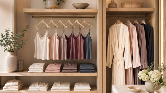 Tasteful boutique display of silk camisoles robes and folded loungewear