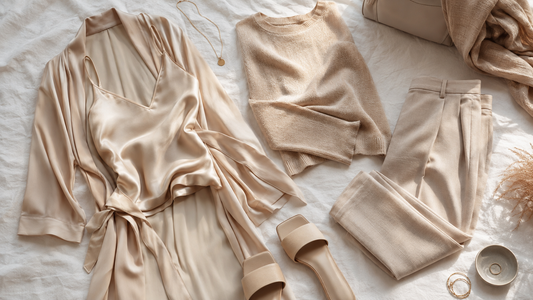 Beige satin camisole and robe arranged with soft neutral wardrobe pieces