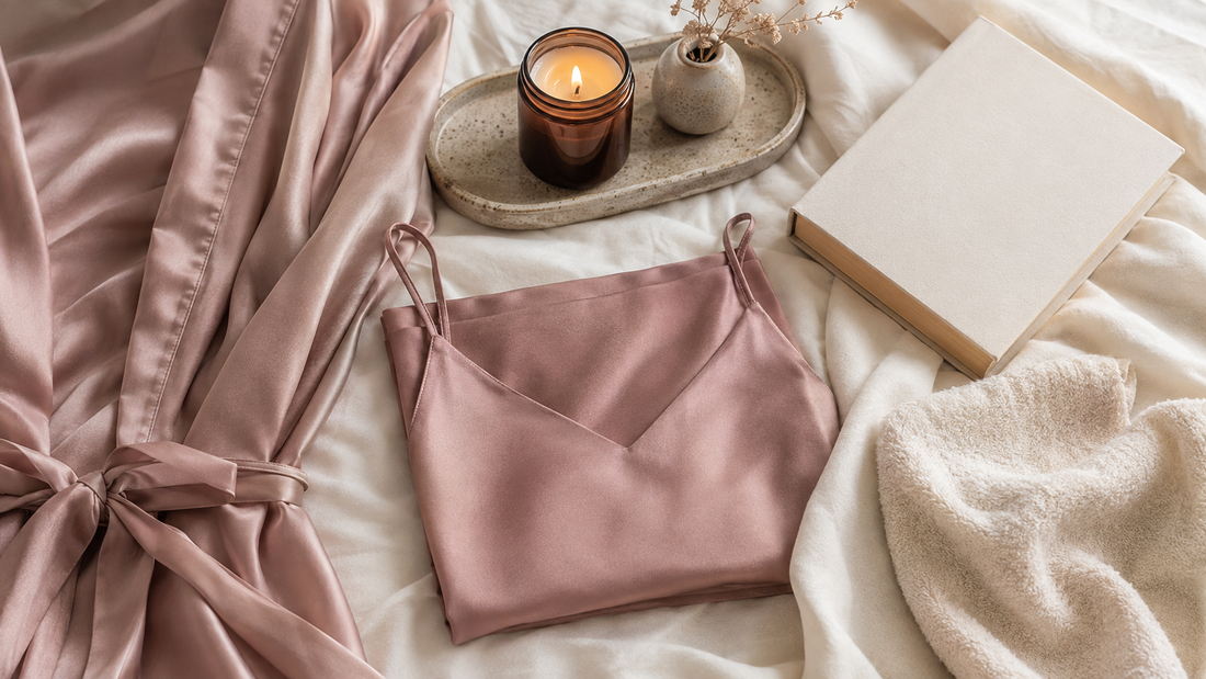 Calm self-care flat lay with satin camisole robe and neutral accessories