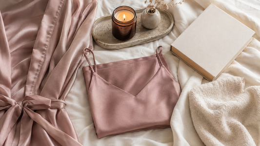 Calm self-care flat lay with satin camisole robe and neutral accessories